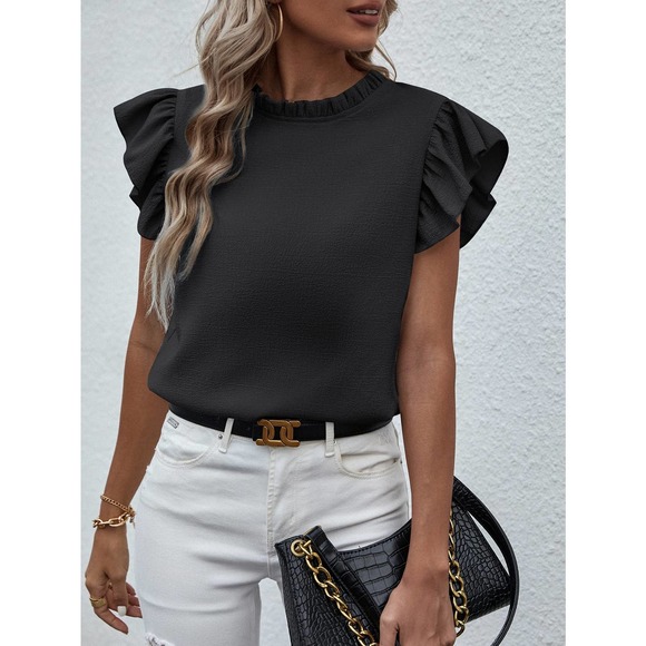 🌟 Mock Neck Lettuce Trim Ruffle short sleeve Blouse black - Picture 1 of 11